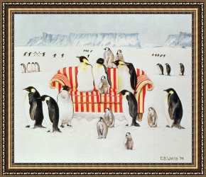 Cold Framed Paintings - Penguins On A Red And White Sofa by EB Watts