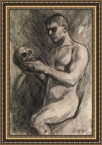 Naked Framed Paintings - Naked Man And Skull by Ecole Francaise