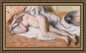 Bath Pastels Framed Paintings - After the Bath or Reclining Nude by Edgar Degas