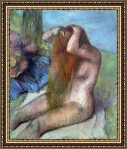 Woman with Cello Framed Prints - Woman doing her Hair by Edgar Degas
