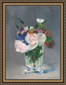 Flowers in a Blue Vase Framed Prints - Flowers In A Crystal Vase by Edouard Manet