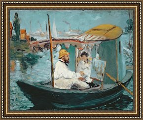 Edouard Framed Prints - Monet in his Floating Studio by Edouard Manet