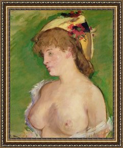 Edouard Framed Prints - The Blonde with Bare Breasts by Edouard Manet
