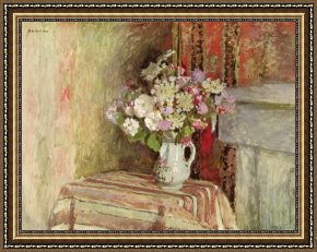 Flowers in a Blue Vase Framed Prints - Flowers in a Vase by Edouard Vuillard
