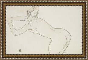 Unclothed Framed Paintings - Female Nude Kneeling and Bending Forward to the Left by Egon Schiele