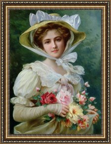Lady Framed Prints - Elegant lady with a bouquet of roses by Emile Vernon
