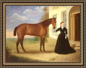 Lady Framed Prints -  Portrait of a lady with her horse by English School