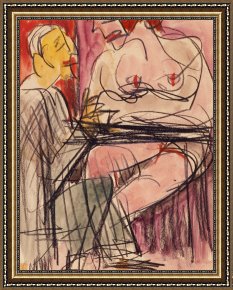 Ernst Ludwig Kirchner Framed Prints - Female Nude And Man Sitting At A Table by Ernst Ludwig Kirchner