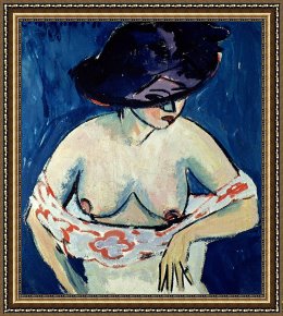 Ernst Ludwig Kirchner Framed Prints - Half Naked Woman With A Hat by Ernst Ludwig Kirchner