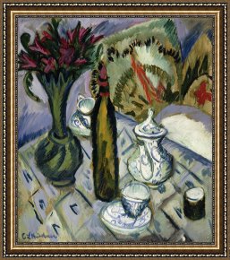 Ernst Ludwig Kirchner Framed Prints - Teapot Bottle And Red Flowers by Ernst Ludwig Kirchner