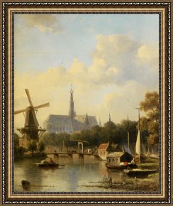 Night View of a Barge And It's Tug on The Kanawha River Framed Paintings - A View of Haarlem with St Bavo Cathedral From The River by Everhardus Koster