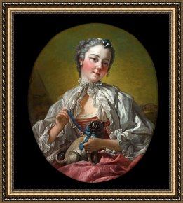 Lady Framed Prints - A Young Lady Holding a Pug Dog by Francois Boucher