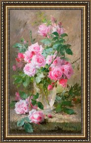Cherokee Roses on a Purple Cloth Framed Paintings - Still life of roses in a glass vase by Frans Mortelmans