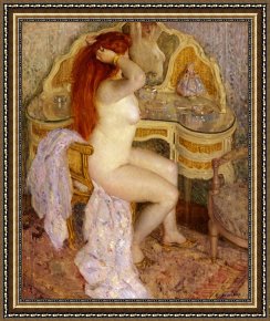 Seated Nude Framed Paintings - Nude Seated at Her Dressing Table by Frederick Carl Frieseke