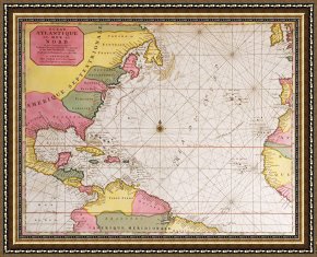 Song of The North Framed Prints - Map Of The Atlantic Ocean Showing The East Coast Of North America The Caribbean And Central America by French School