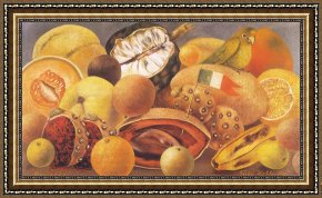 Untitled C.1951 Framed Paintings - Still Life with Parrot And Fruit 1951 by Frida Kahlo
