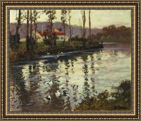 Ducks Framed Paintings - River Landscape with Ducks by Fritz Thaulow