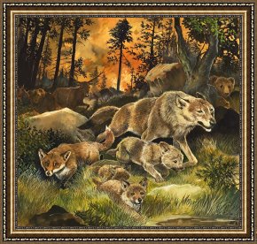 Animals Framed Prints - Animals United in Terror as They Flee from a Forest Fire by G W Backhouse