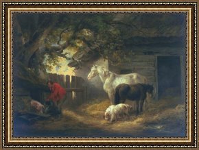 Exterior Framed Paintings - A farmyard by George Morland