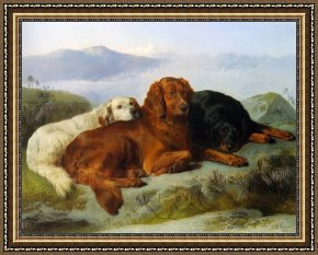 Golden Framed Prints - A Golden Retriever, Irish Setter, And a Gordon Setter in a Mountainous Landscape by George W. Horlor