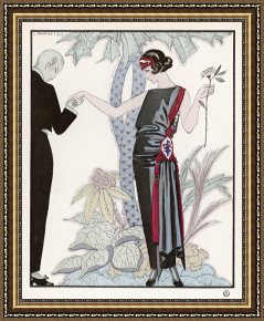 Saba at The Balcony VIII Black Dress Framed Prints - Sleeveless Slash Neck Chinese Or Orientally Inspired Black Dress by Worth with Red Tassel Detail by Georges Barbier