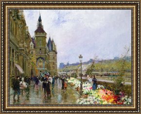 Seine Framed Paintings - Flower Sellers by the Seine by Georges Stein