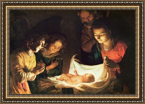 Hendrikus Van De Sende Baachyssun Framed Prints - Adoration of the baby by Gerrit van Honthorst