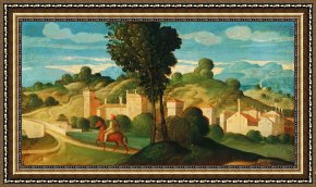 Four Boars in a Landscape Framed Paintings - Landscape with Rider by Girolamo Da Santa Croce