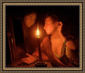 Lady Framed Prints - A Lady Admiring An Earring by Candlelight by Godfried Schalcken
