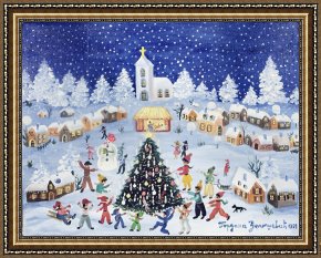 Square - Fort-philippe Framed Paintings - Snowy Christmas In A Village Square by Gordana Delosevic
