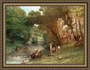 Gustave Framed Prints - Deer by a River by Gustave Courbet