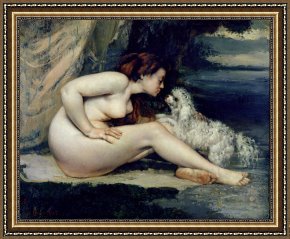 Gustave Framed Prints - Female Nude with a Dog by Gustave Courbet