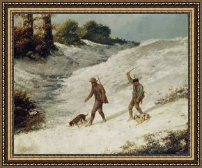 Gustave Framed Prints - Hunters in the Snow or The Poachers by Gustave Courbet