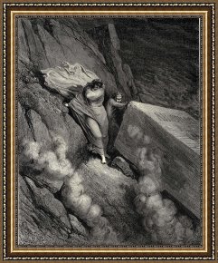 The Inferno, Canto 8, Lines 2729 Soon As Both Embark Framed Prints - The Inferno, Canto 11, Lines 67 From The Profound Abyss, Behind The Lid of a Great Monument We Stood Retir&rsquo;d by Gustave Dore