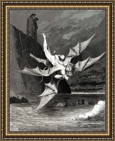 Gustave Dore Framed Prints - The Inferno, Canto 22, Lines 137139 But The&rsquo; Other Prov&rsquo;d a Goshawk Able to Rend Well His Foe; And in The Boiling Lake Both Fell. by Gustave Dore