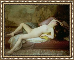 Unclothed Framed Paintings - Nude lying on a chaise longue by Gustave-Henri-Eugene Delhumeau