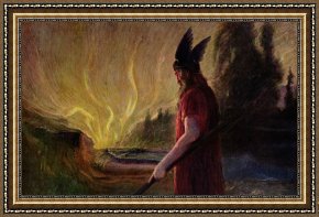 Leaves Framed Paintings - Odin leaves as the flames rise by H Hendrich