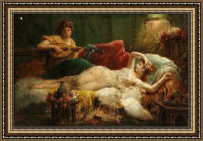 Pianist And Checker Players 1924 Framed Prints - Interior with a Lightly Dressed Woman And a Lute Player by Hans Zatzka