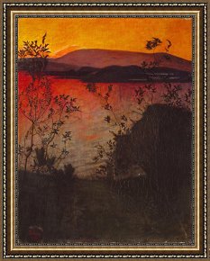 When The West with Evening Glows Framed Paintings - Evening Glow by Harald Sohlberg