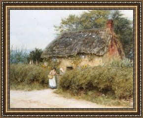 Exterior Framed Paintings - A Thatched Cottage near Peaslake Surrey by Helen Allingham