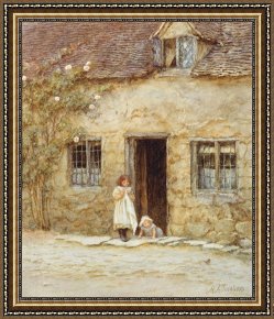 Exterior Framed Paintings - At the Cottage Door by Helen Allingham