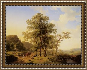 Hendrikus Van De Sende Baachyssun Framed Prints - A Treelined River Landscape with Figures And Cattle an a Path by Hendrikus Van Den Sande Bakhuyzen