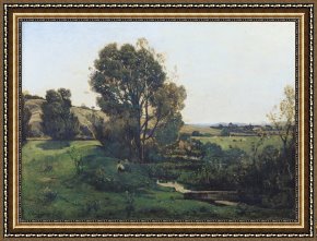 Seine Framed Paintings - View from Moncel-sur-Seine by Henri-Joseph Harpignies