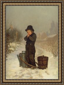 Cold Framed Paintings - Warming His Hands by Henry Bacon