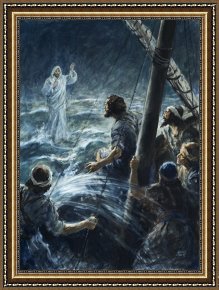 Walking The Plank Framed Paintings - Christ walking on the sea of Galilee by Henry Coller
