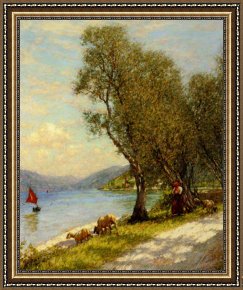 Herbert Framed Paintings - Veronese Shepherdess Lake Garda by Henry Herbert La Thangue