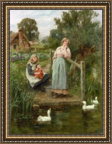 Ducks Framed Paintings - At The Duck Pond by Henry John Yeend King