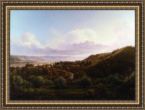 Night View of a Barge And It's Tug on The Kanawha River Framed Paintings - View of Bald Face Creek in The Ohio River Valley by Henry Lovie