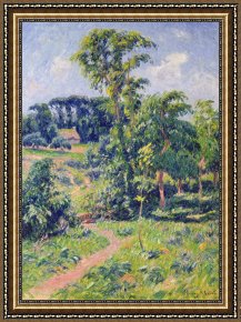 Henry Moret Framed Prints - Landscape with trees and a path leading to a cottage by Henry Moret