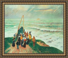 Henry Moret Framed Prints - Waiting for the Return of the Fishermen in Brittany by Henry Moret